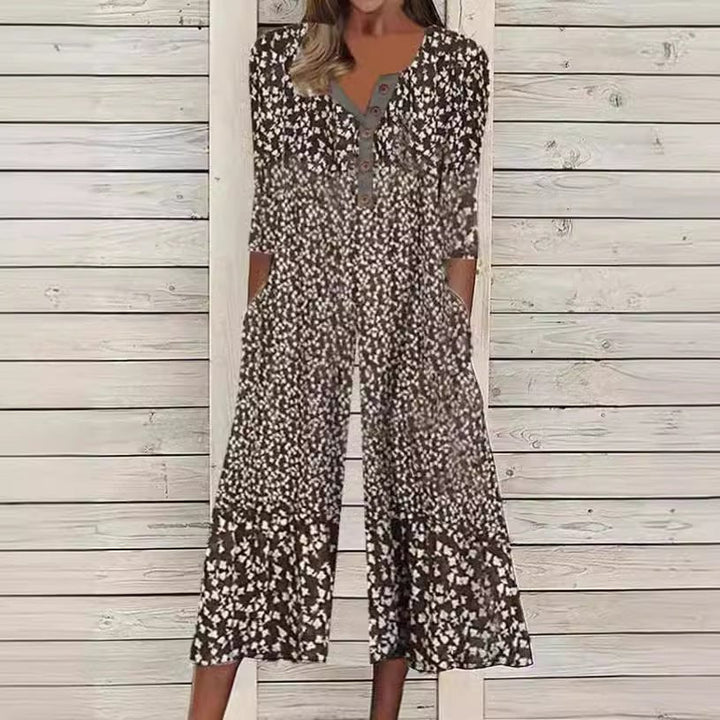 Hazel™ | Leaf Print V-Neck Jumpsuit with Short Sleeves and Wide Legs