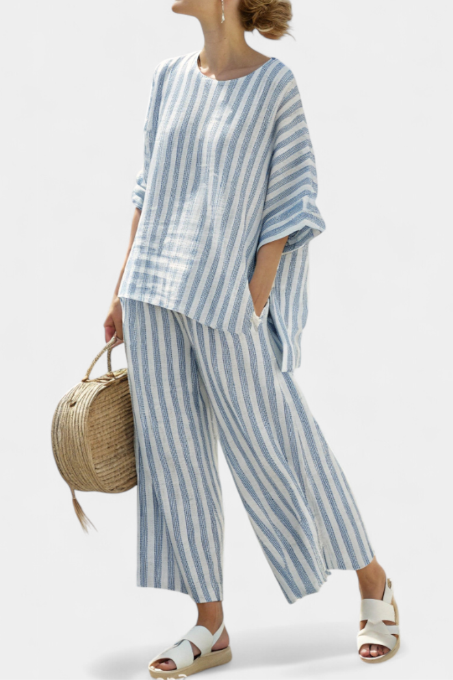 Federica - Blue Striped Linen Trouser Set