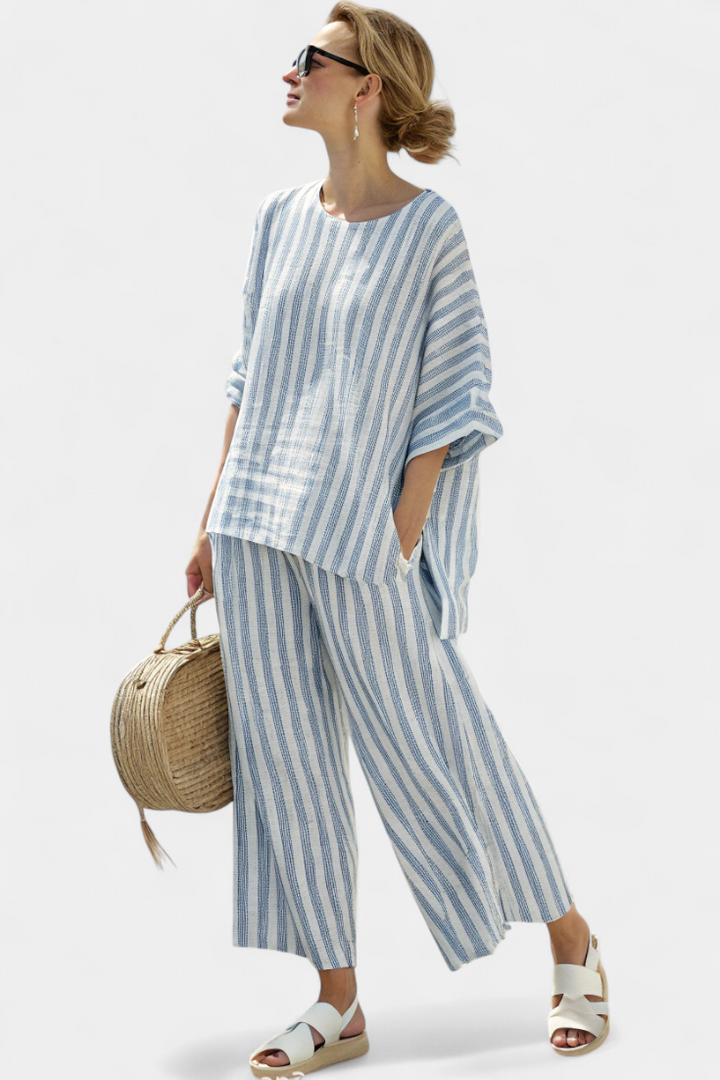 Federica - Blue Striped Linen Trouser Set