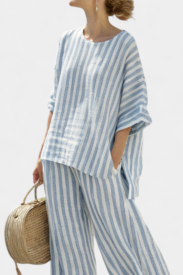 Federica - Blue Striped Linen Trouser Set