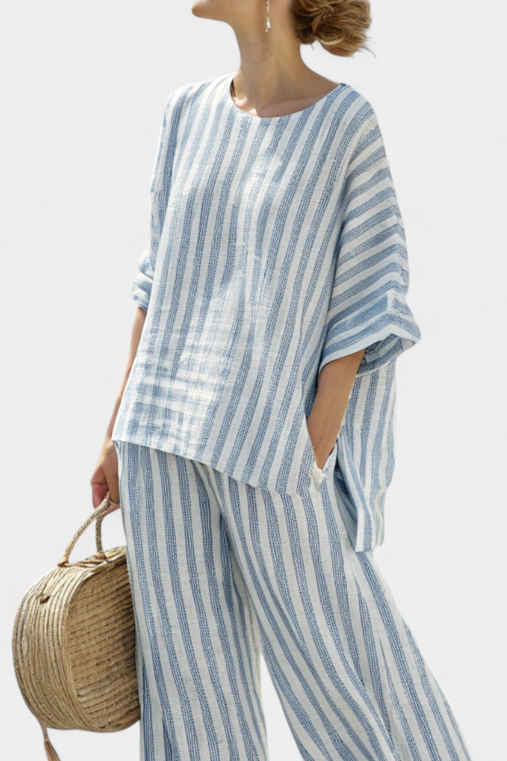 Federica - Blue Striped Linen Trouser Set