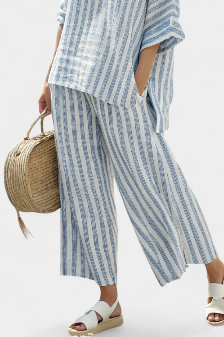 Federica - Blue Striped Linen Trouser Set