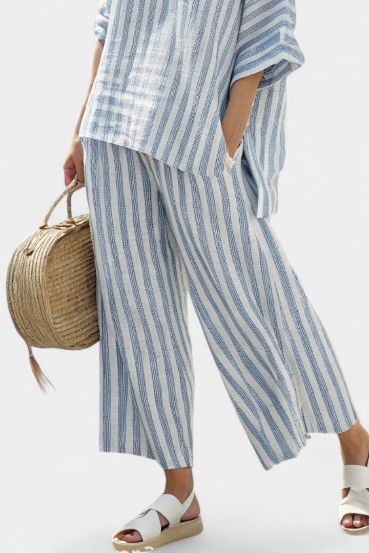 Federica - Blue Striped Linen Trouser Set
