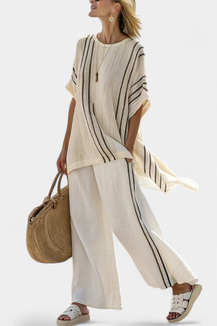 Raffaella - Ivory Linen Striped Trouser Set