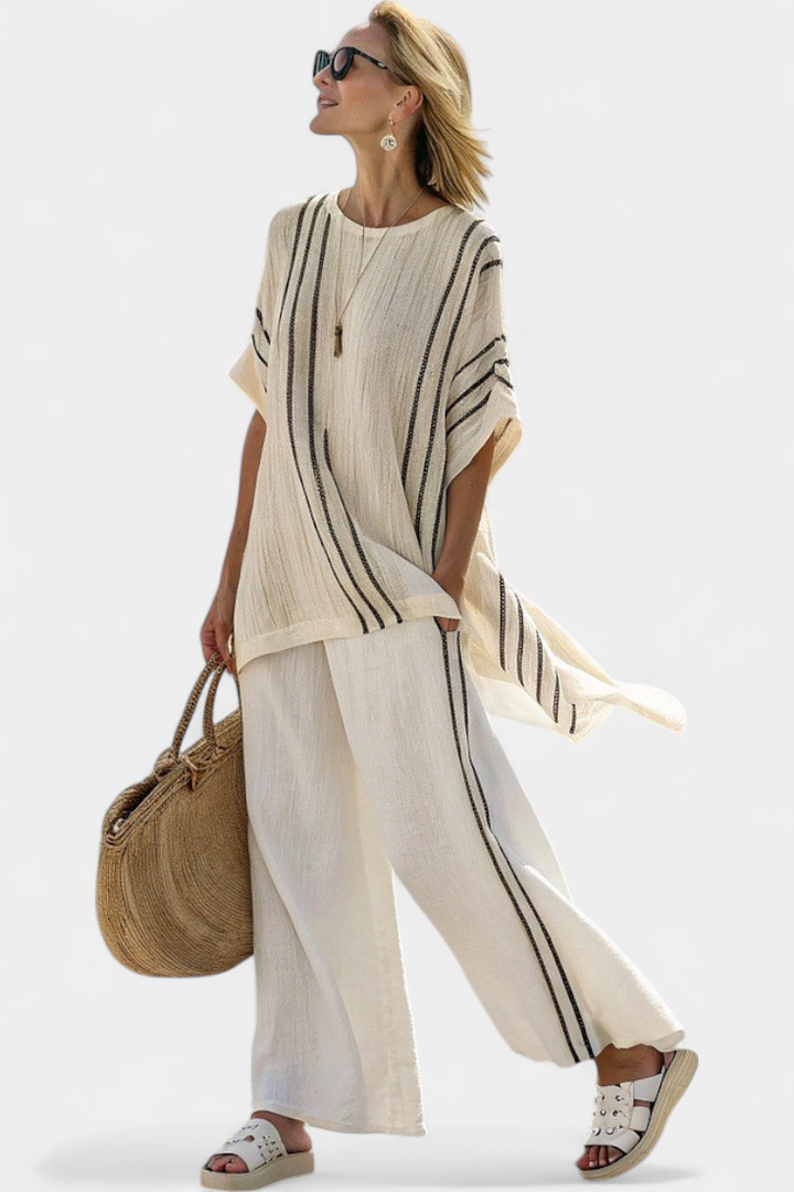 Raffaella - Ivory Linen Striped Trouser Set