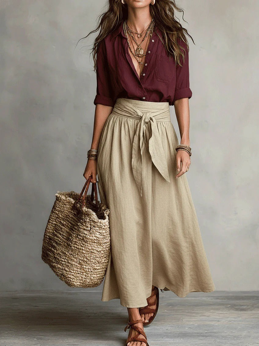 SAGE | Two-Piece Set: Black Top and Olive Green Midi Skirt