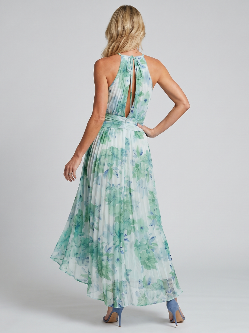 Portia™ Pleated Halter Soft Floral Pattern Midi Dress
