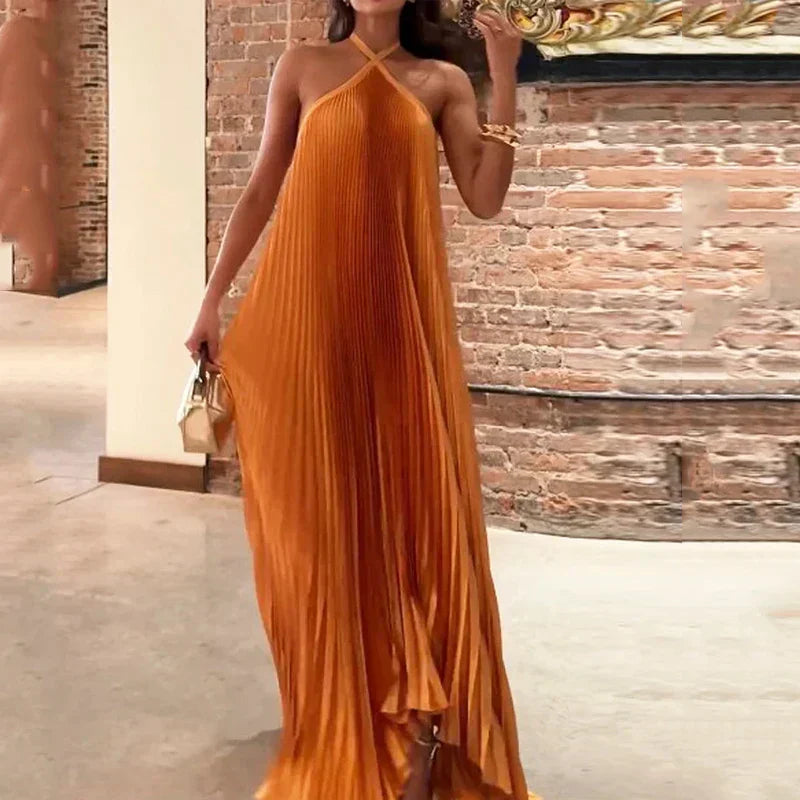 Carmen | Women's Wedding Guest Pleated Halter Maxi Dress Evening