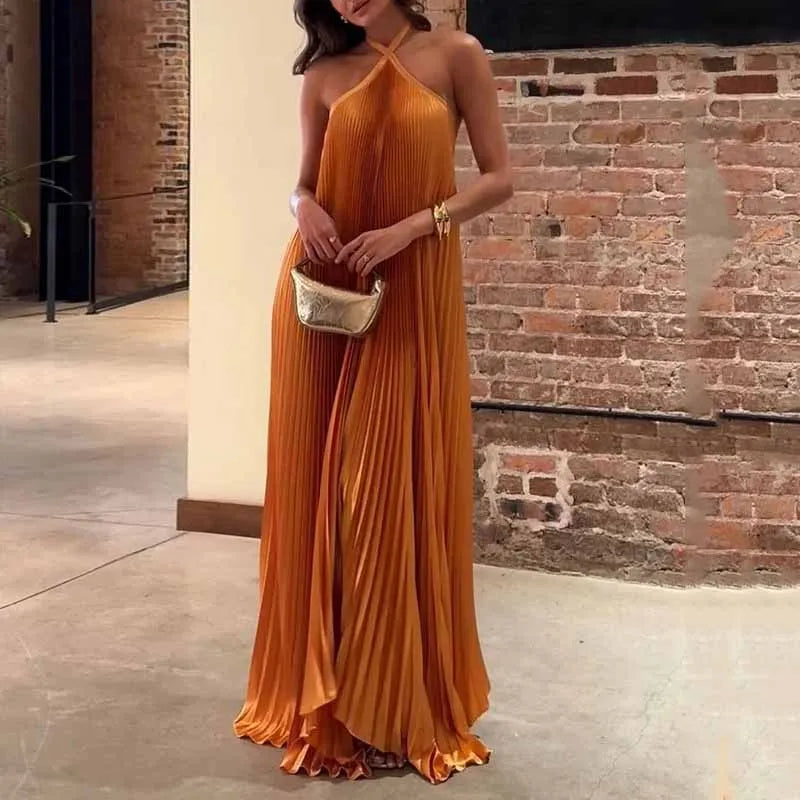 Carmen | Women's Wedding Guest Pleated Halter Maxi Dress Evening