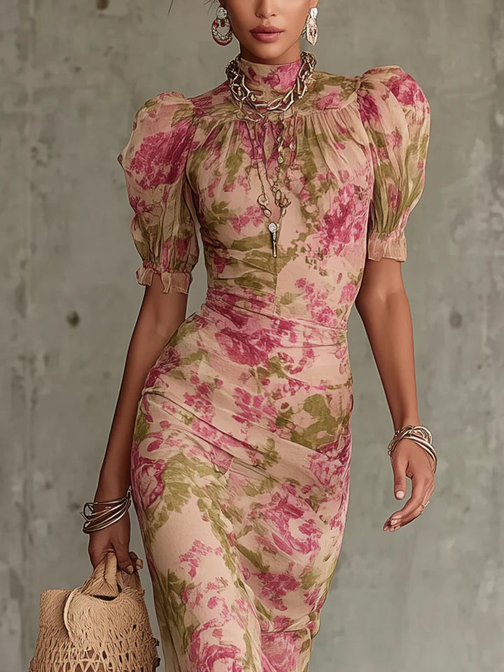 Fiora | Romantic Vintage Rose Puff Sleeve Maxi Dress