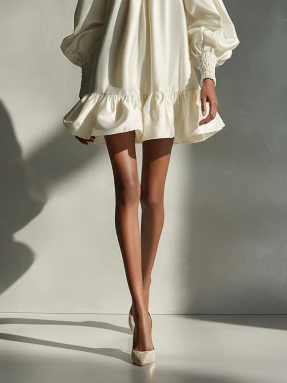 Beige Satin Puff Sleeve Ruffle Mini Dress
