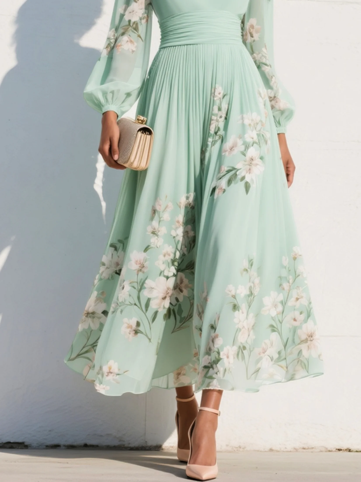 Maxi Pleated Chiffon Dress in Mint Green with Floral Print for Women