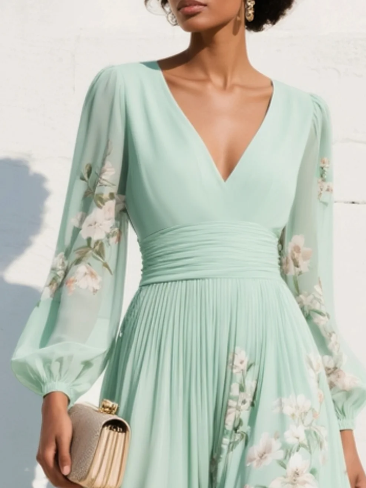 Maxi Pleated Chiffon Dress in Mint Green with Floral Print for Women