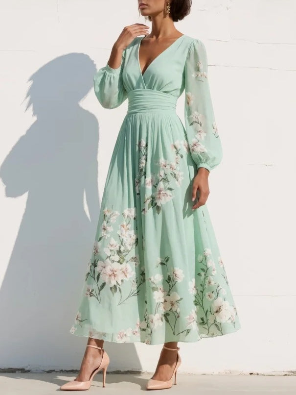 Maxi Pleated Chiffon Dress in Mint Green with Floral Print for Women