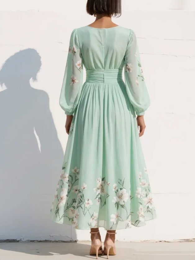 Maxi Pleated Chiffon Dress in Mint Green with Floral Print for Women