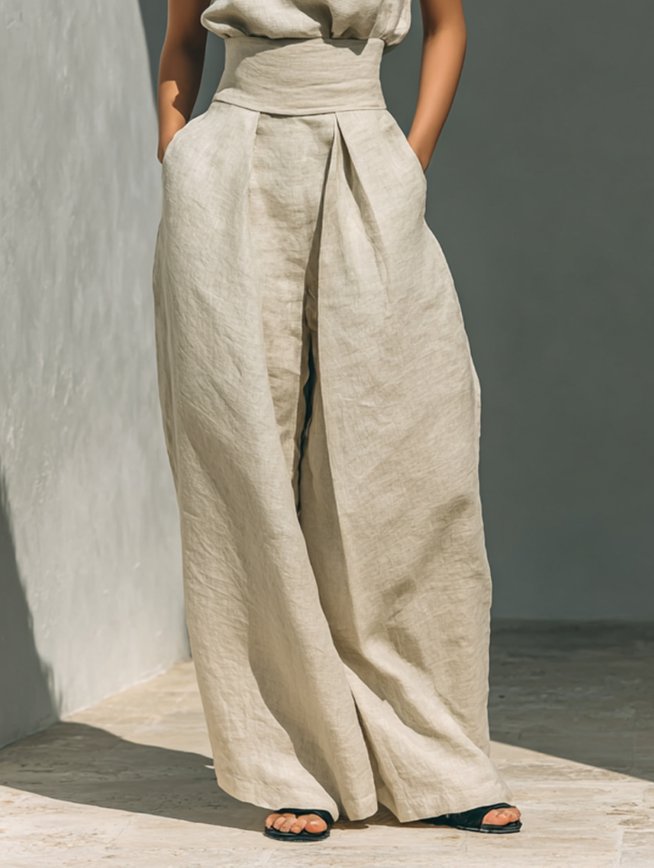 Aurora | Relaxed Beige Sleeveless Wide-Leg Co-Ord Set
