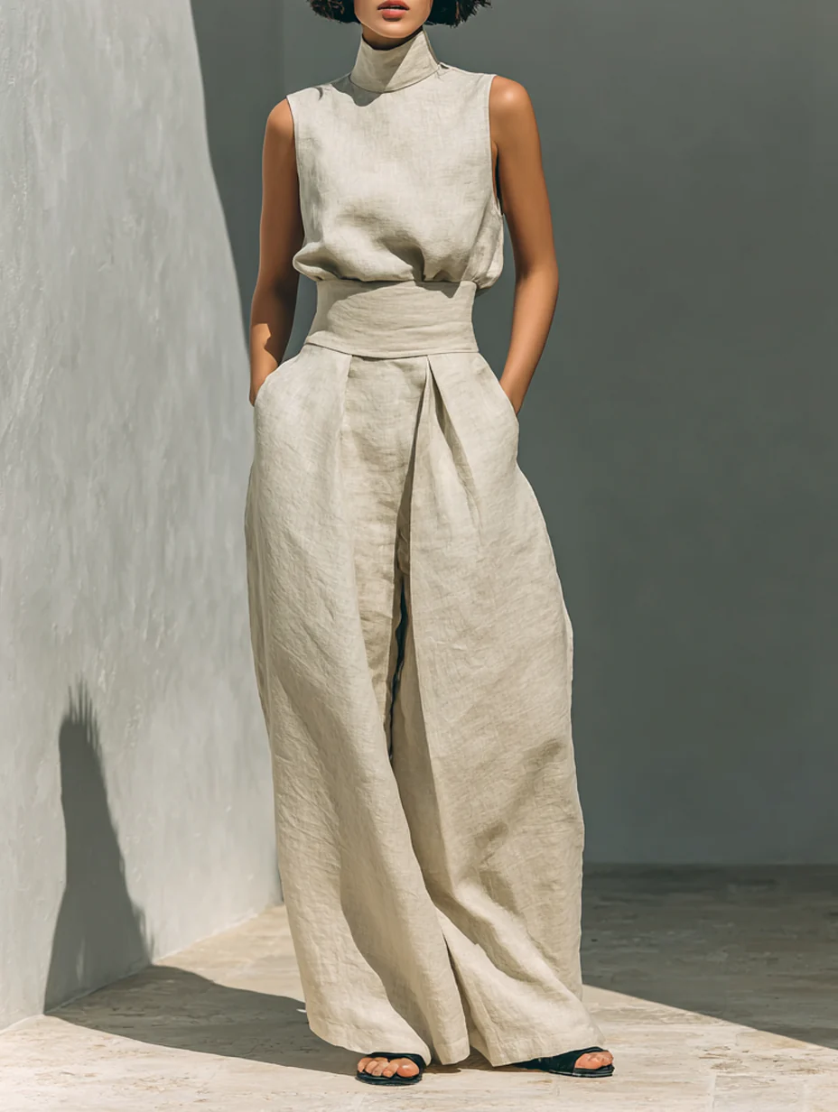Aurora | Relaxed Beige Sleeveless Wide-Leg Co-Ord Set