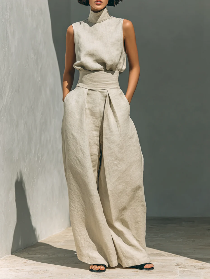 Aurora | Relaxed Beige Sleeveless Wide-Leg Co-Ord Set