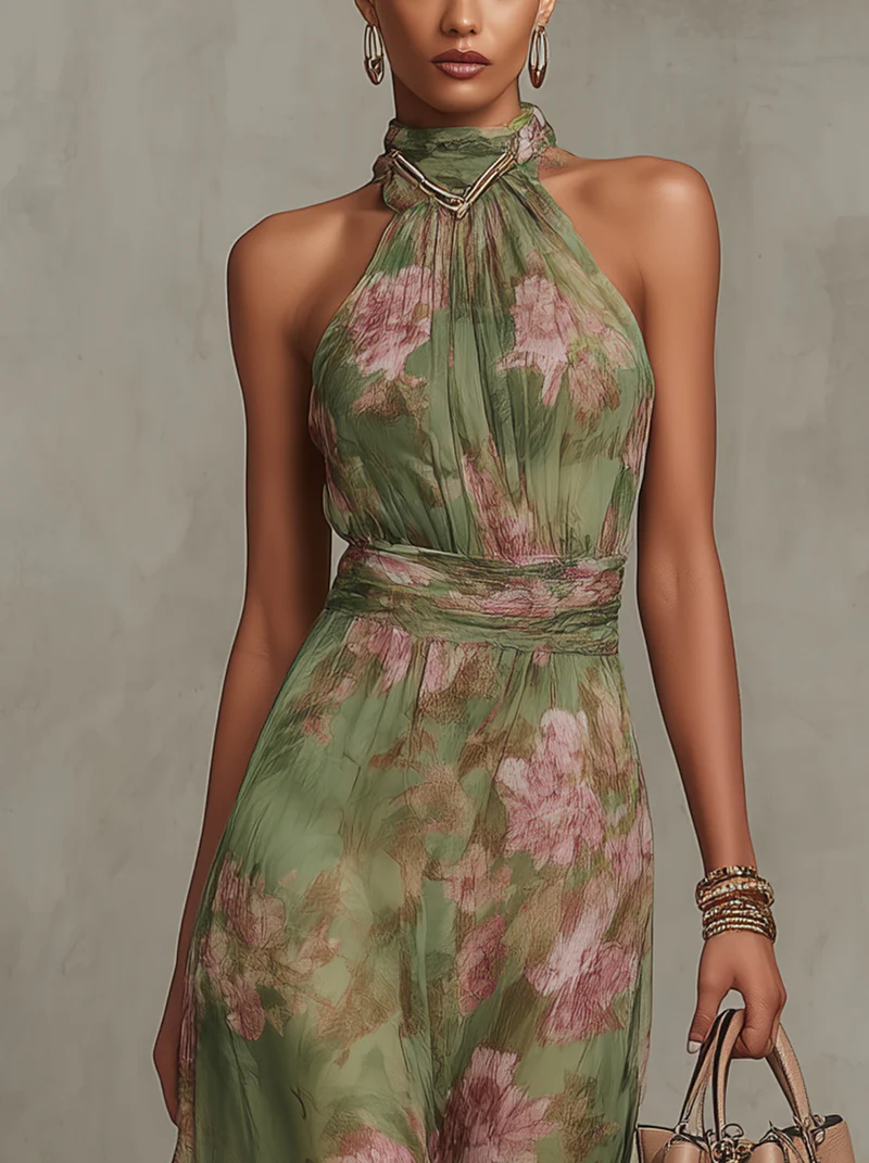 Serena — Elegant Floral Chiffon Halter Maxi Dress