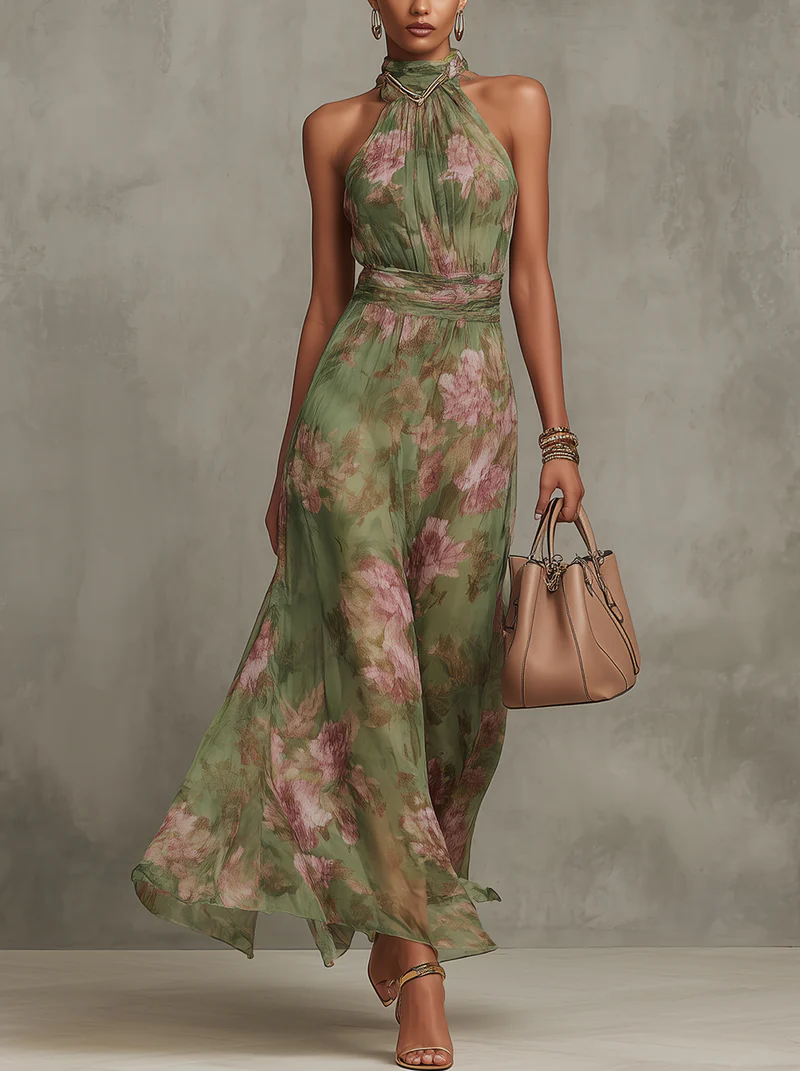 Serena — Elegant Floral Chiffon Halter Maxi Dress