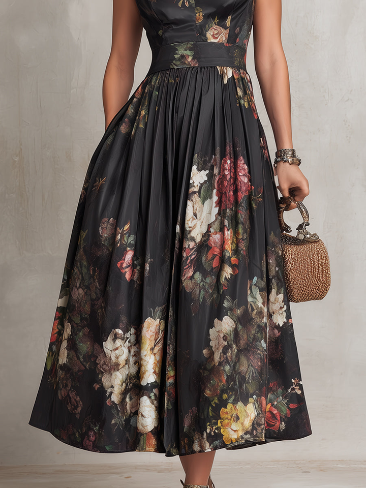 Violetta - Black Midi Dress in Pleated Satin with Floral Pattern and Keyhole Neckline