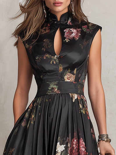 Violetta - Black Midi Dress in Pleated Satin with Floral Pattern and Keyhole Neckline