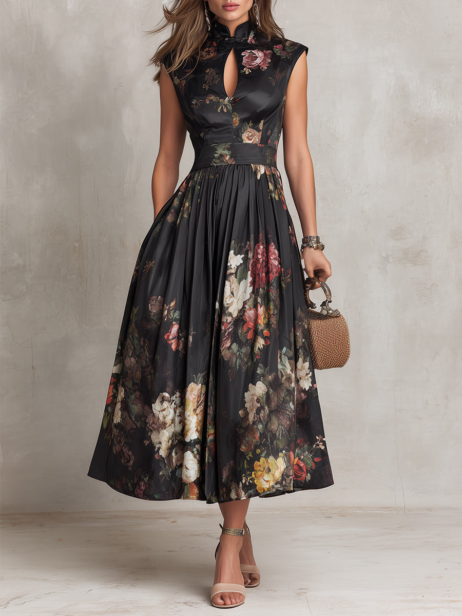 Violetta - Black Midi Dress in Pleated Satin with Floral Pattern and Keyhole Neckline
