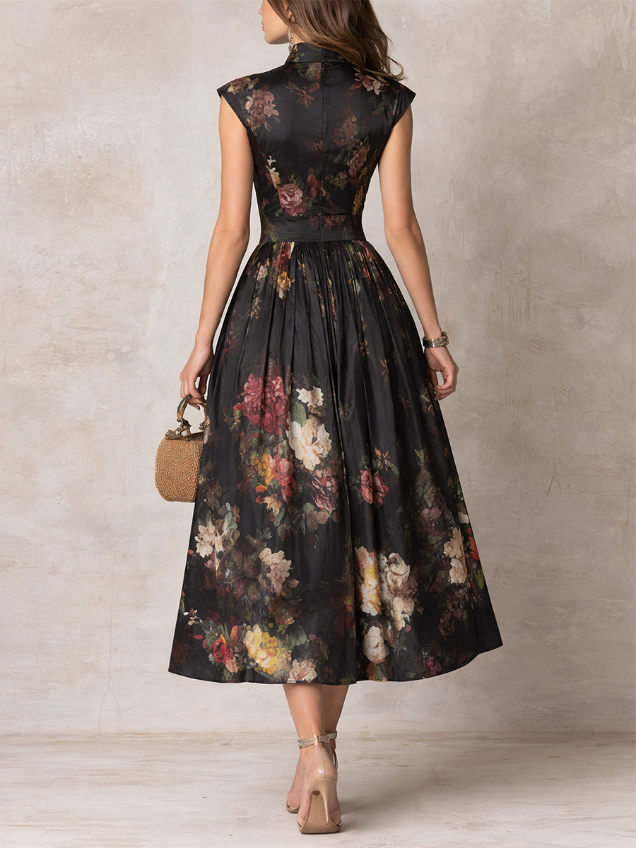 Violetta - Black Midi Dress in Pleated Satin with Floral Pattern and Keyhole Neckline