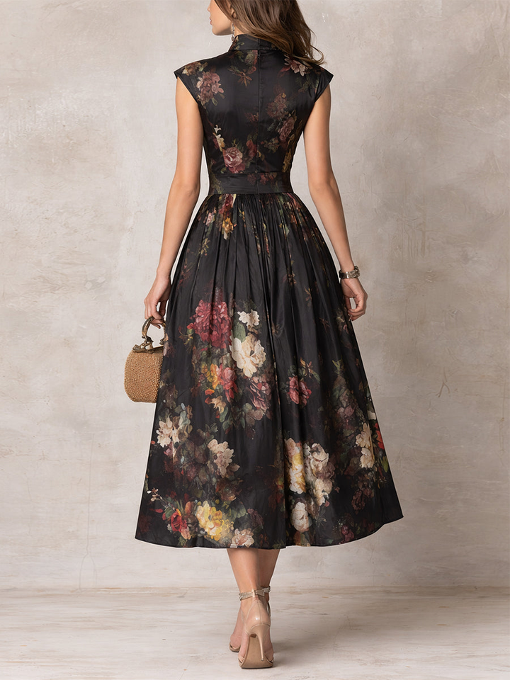 Violetta - Black Midi Dress in Pleated Satin with Floral Pattern and Keyhole Neckline