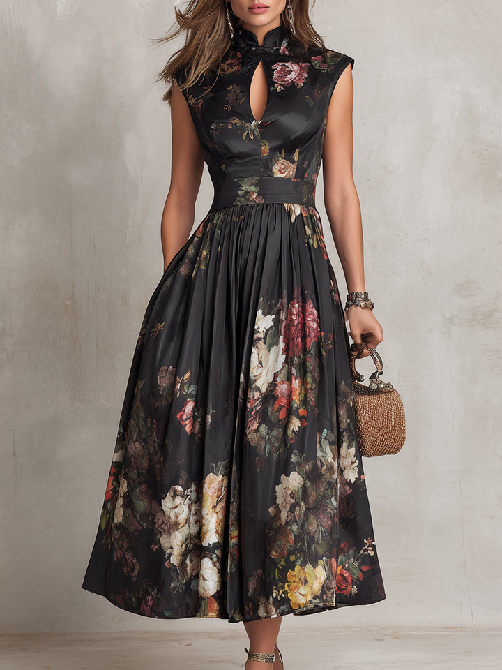 Violetta - Black Midi Dress in Pleated Satin with Floral Pattern and Keyhole Neckline