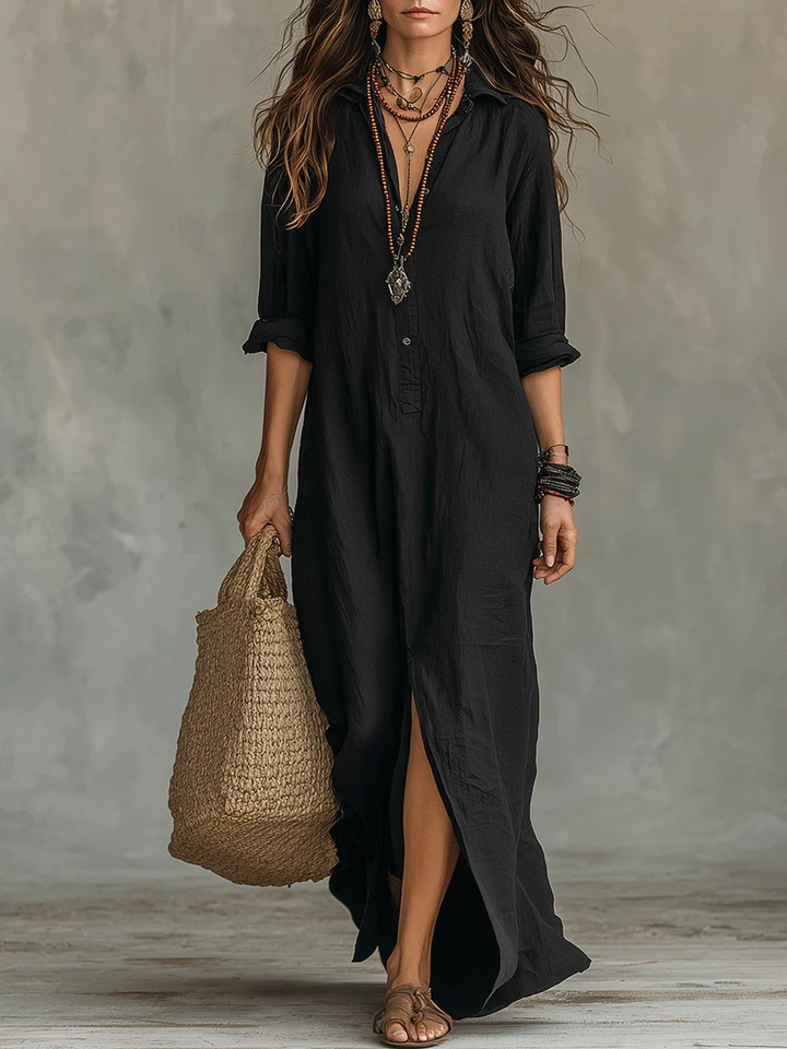 Alessia – Soft Black Buttoned Maxi Dress
