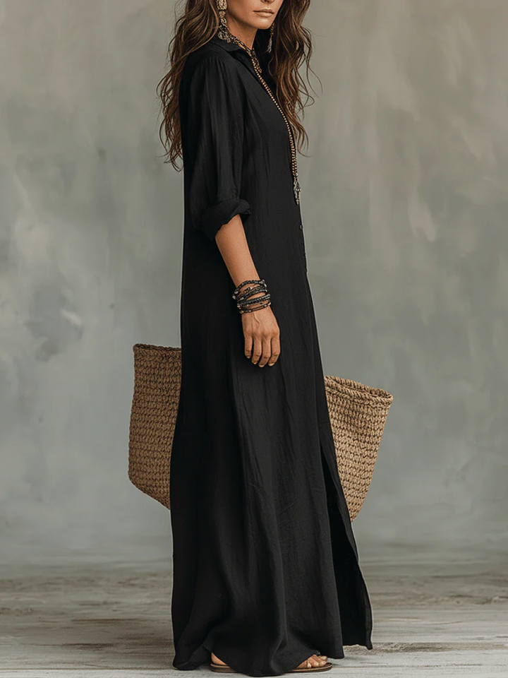 Alessia – Soft Black Buttoned Maxi Dress