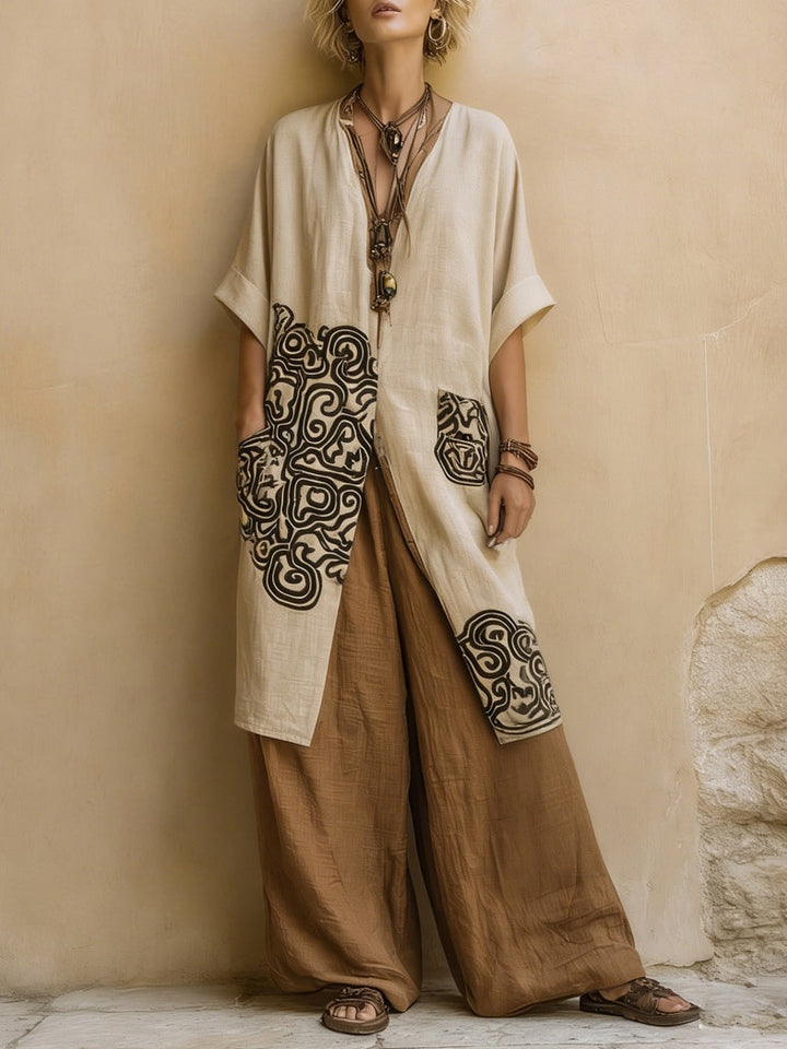 Giulia - Three-Piece Bohemian Nomad Set in Dark Gray and Brown with Tribal Pattern