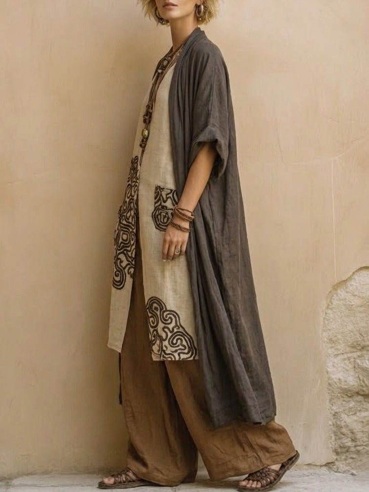 Giulia - Three-Piece Bohemian Nomad Set in Dark Gray and Brown with Tribal Pattern