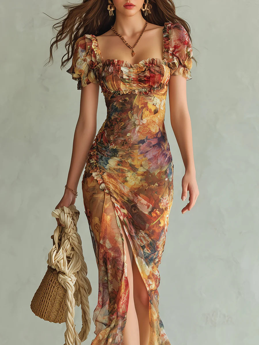 Viola | Long orange chiffon dress with bohemian-style oil painting print