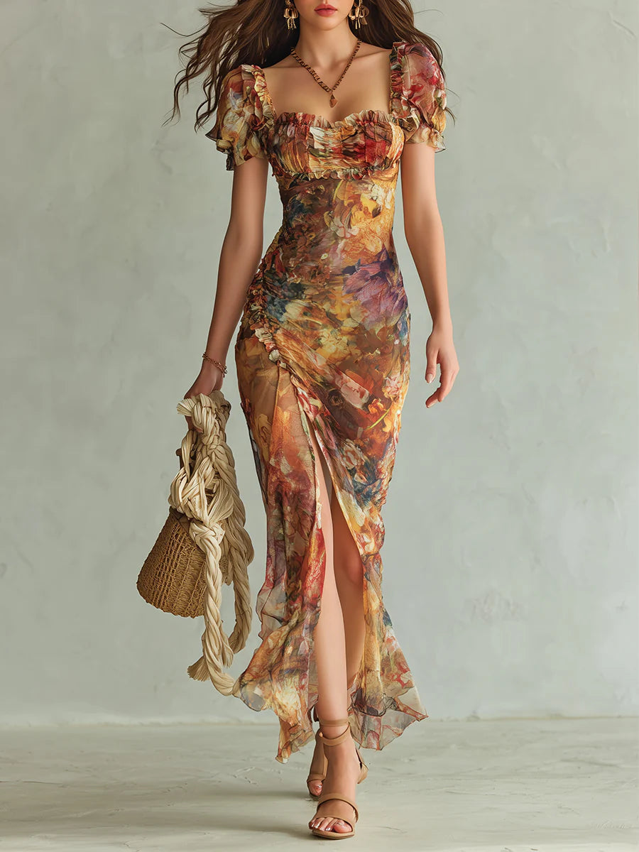Viola | Long orange chiffon dress with bohemian-style oil painting print