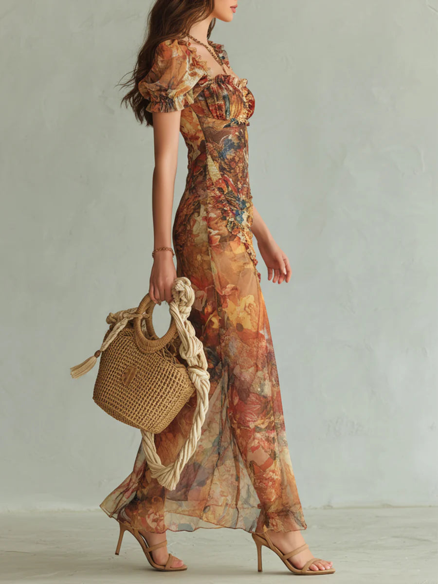 Viola | Long orange chiffon dress with bohemian-style oil painting print