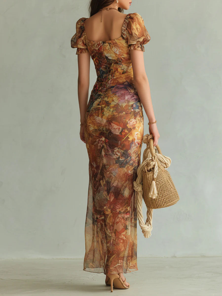 Viola | Long orange chiffon dress with bohemian-style oil painting print