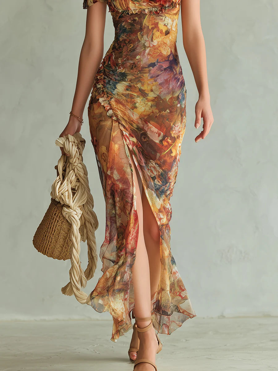 Viola | Long orange chiffon dress with bohemian-style oil painting print