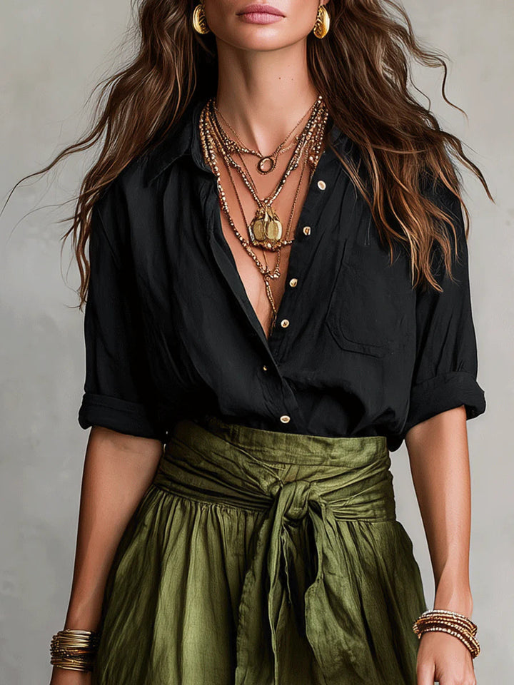 SAGE | Two-Piece Set: Black Top and Olive Green Midi Skirt