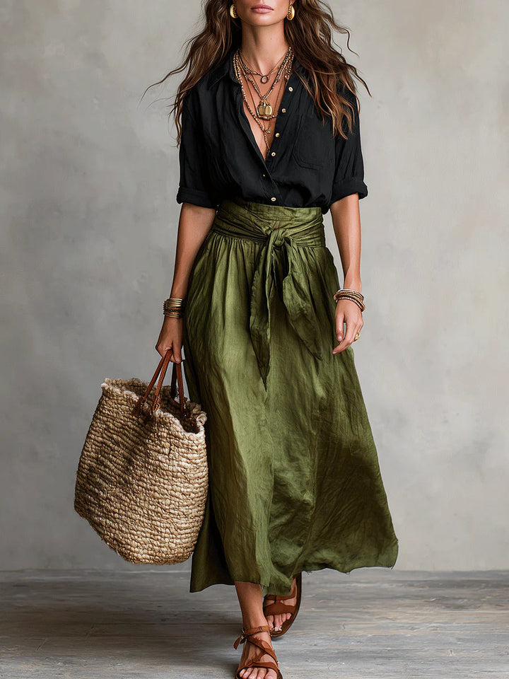 SAGE | Two-Piece Set: Black Top and Olive Green Midi Skirt
