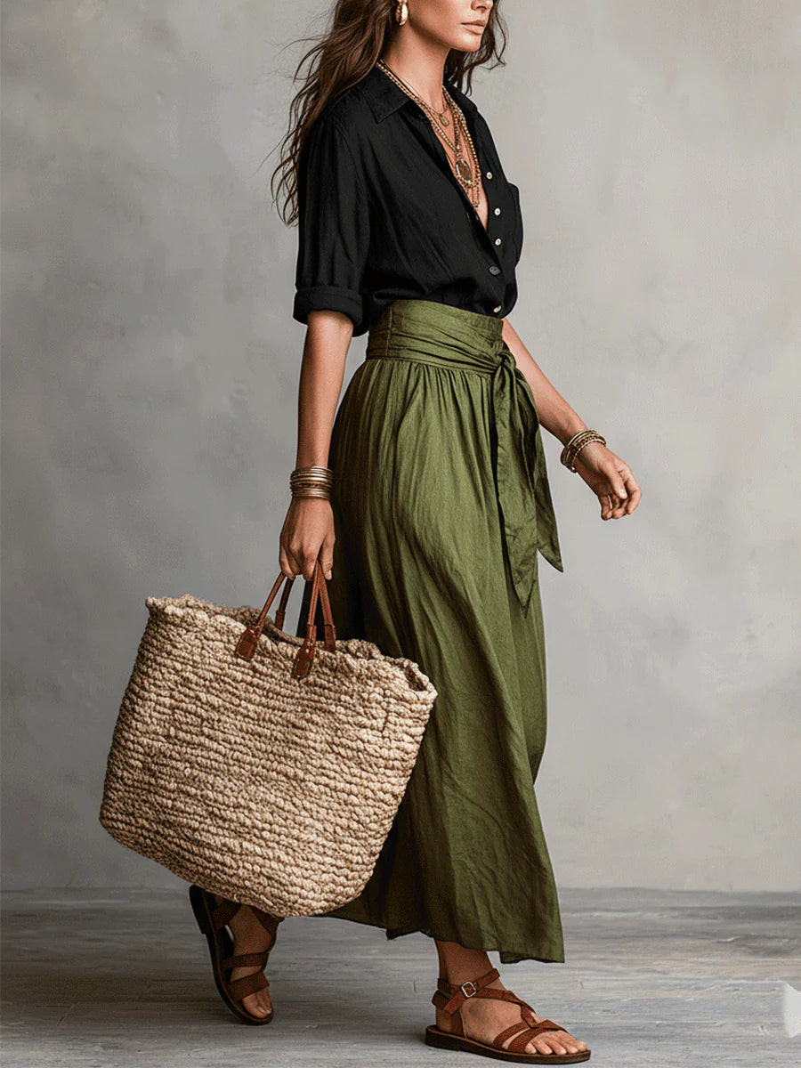 SAGE | Two-Piece Set: Black Top and Olive Green Midi Skirt