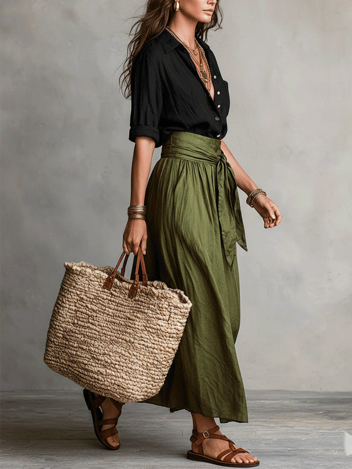 SAGE | Two-Piece Set: Black Top and Olive Green Midi Skirt