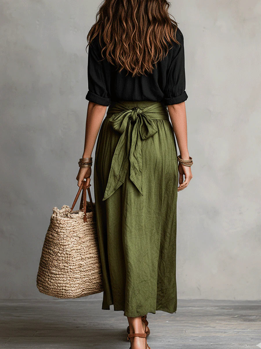 SAGE | Two-Piece Set: Black Top and Olive Green Midi Skirt