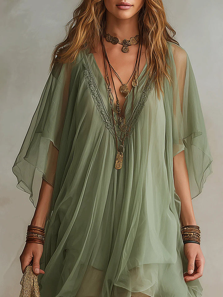 Green V-neck Layered Flowy Mini Dress