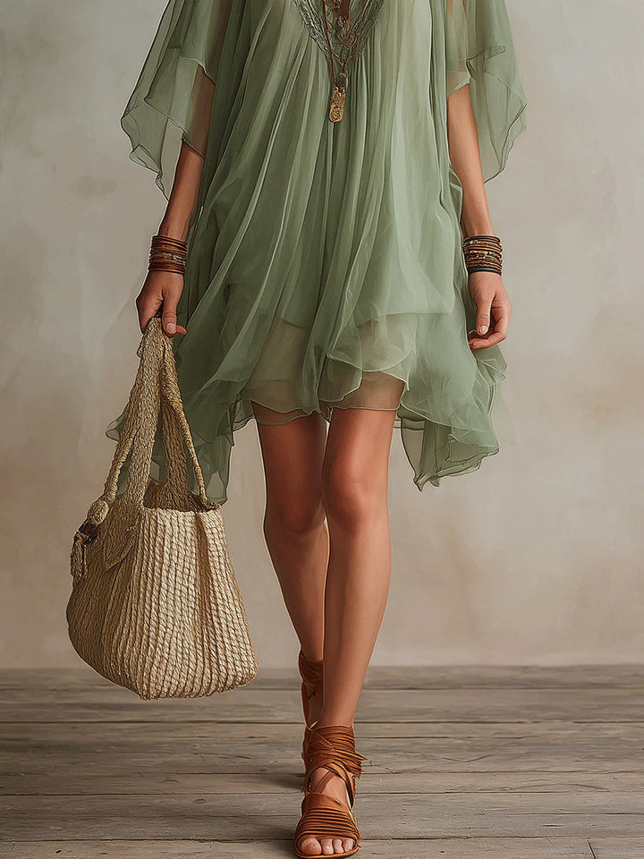 Green V-neck Layered Flowy Mini Dress