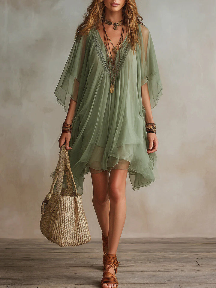 Green V-neck Layered Flowy Mini Dress