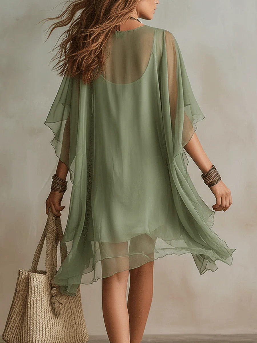Green V-neck Layered Flowy Mini Dress