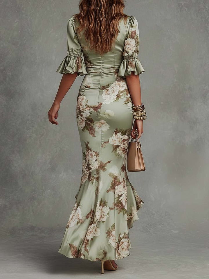 Anna - Asymmetrical long dress in green satin with V-neck, flared puff sleeves, and floral pattern