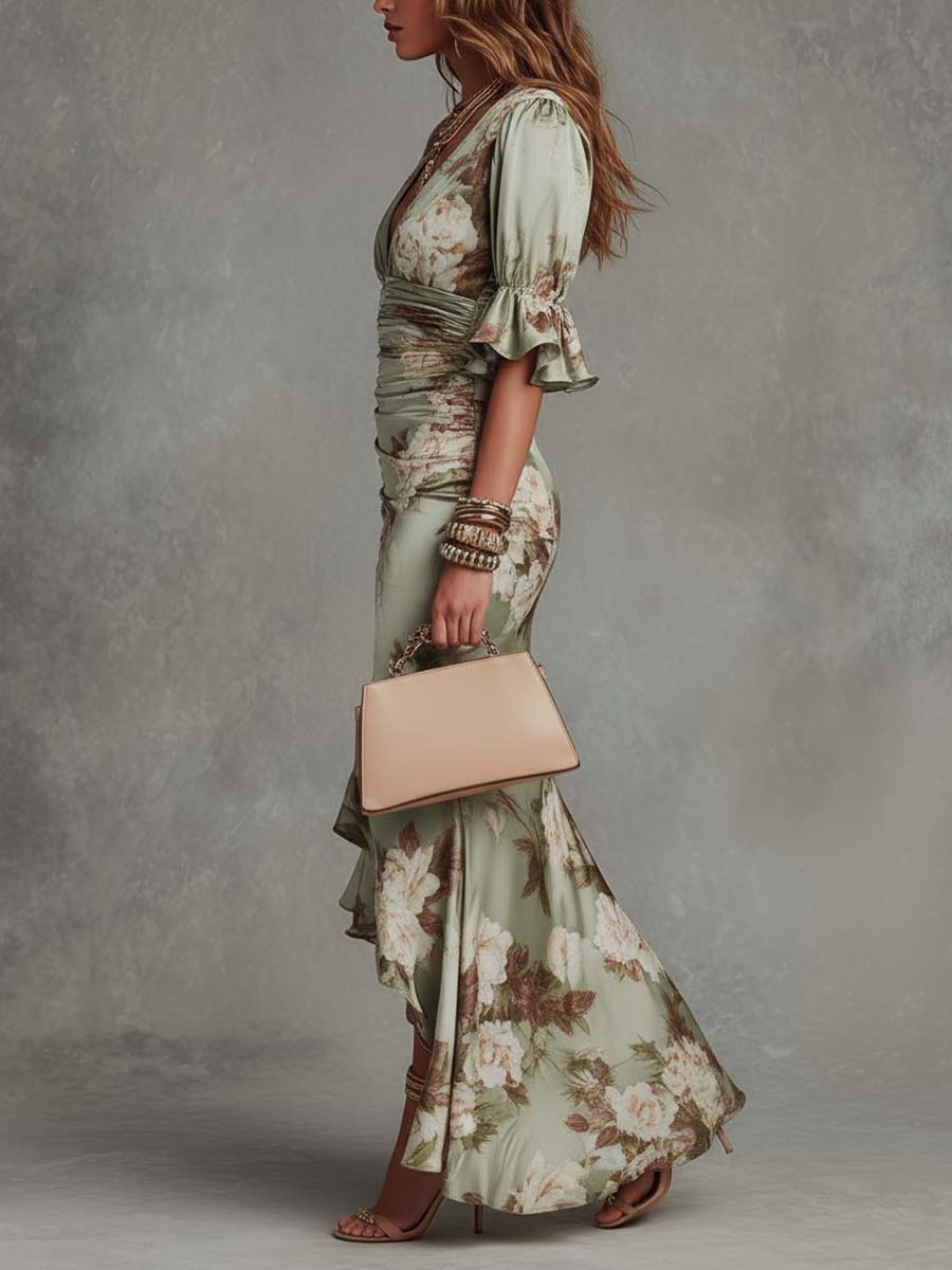 Anna - Asymmetrical long dress in green satin with V-neck, flared puff sleeves, and floral pattern